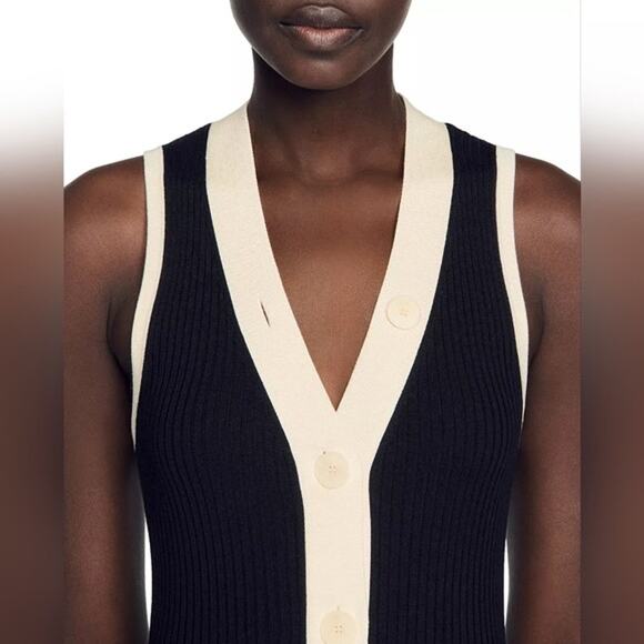 SANDRO Black White Ribbed Knit Beige Button Placket Gabriel Maxi Dress Size 38 - Picture 5 of 16